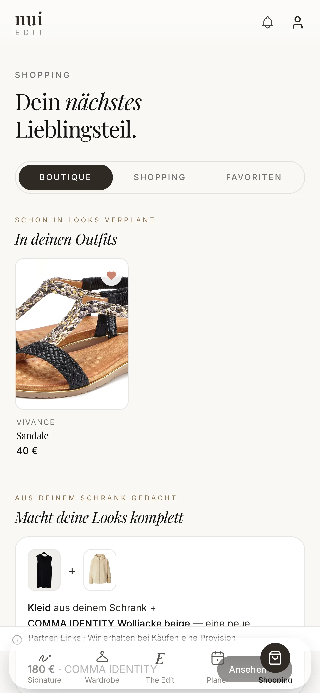 Deine Boutique · kuratierte Regale mit sichtbarer Begründung