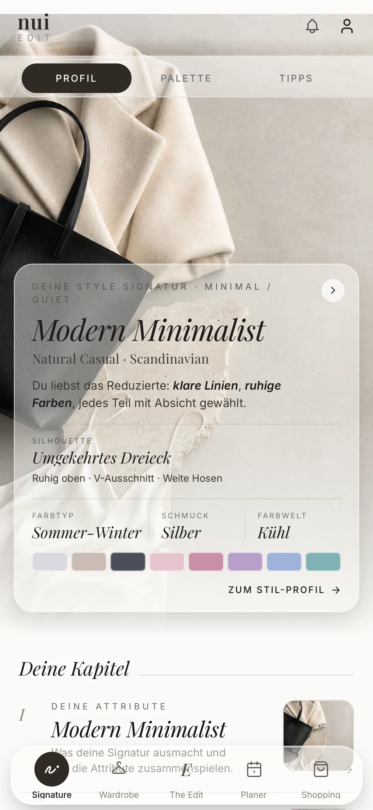 Das Stil-Profil in nui edit mit Style Signatur, Silhouette, Farbtyp und Palette